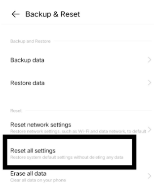 Click On Reset All Settings